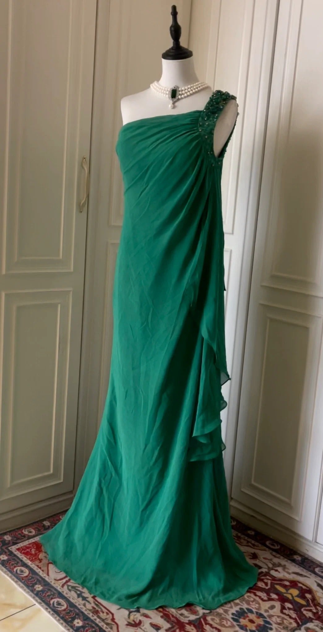 💚Green beaded vintag one shoulder stylish long chiffon wedding guest dress ball gown evening dress gatsby beauty party dress gh4391