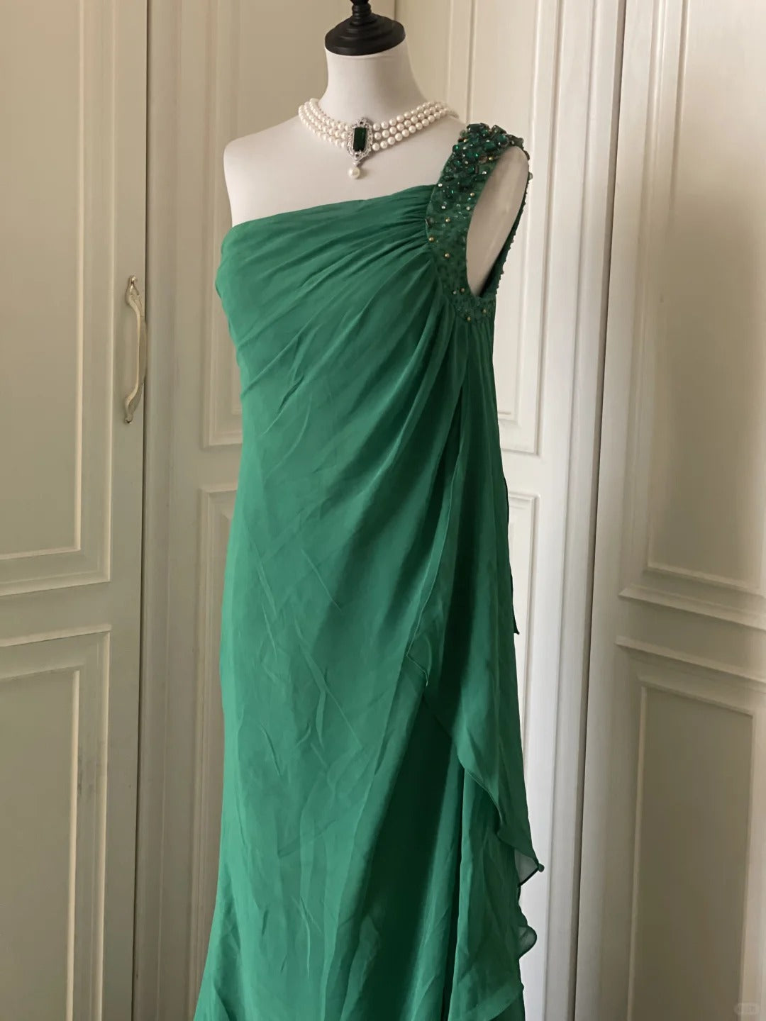 💚Green beaded vintag one shoulder stylish long chiffon wedding guest dress ball gown evening dress gatsby beauty party dress gh4391