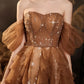 Champagne shiny elegant layered long tulle ball gown evening dress gh2226