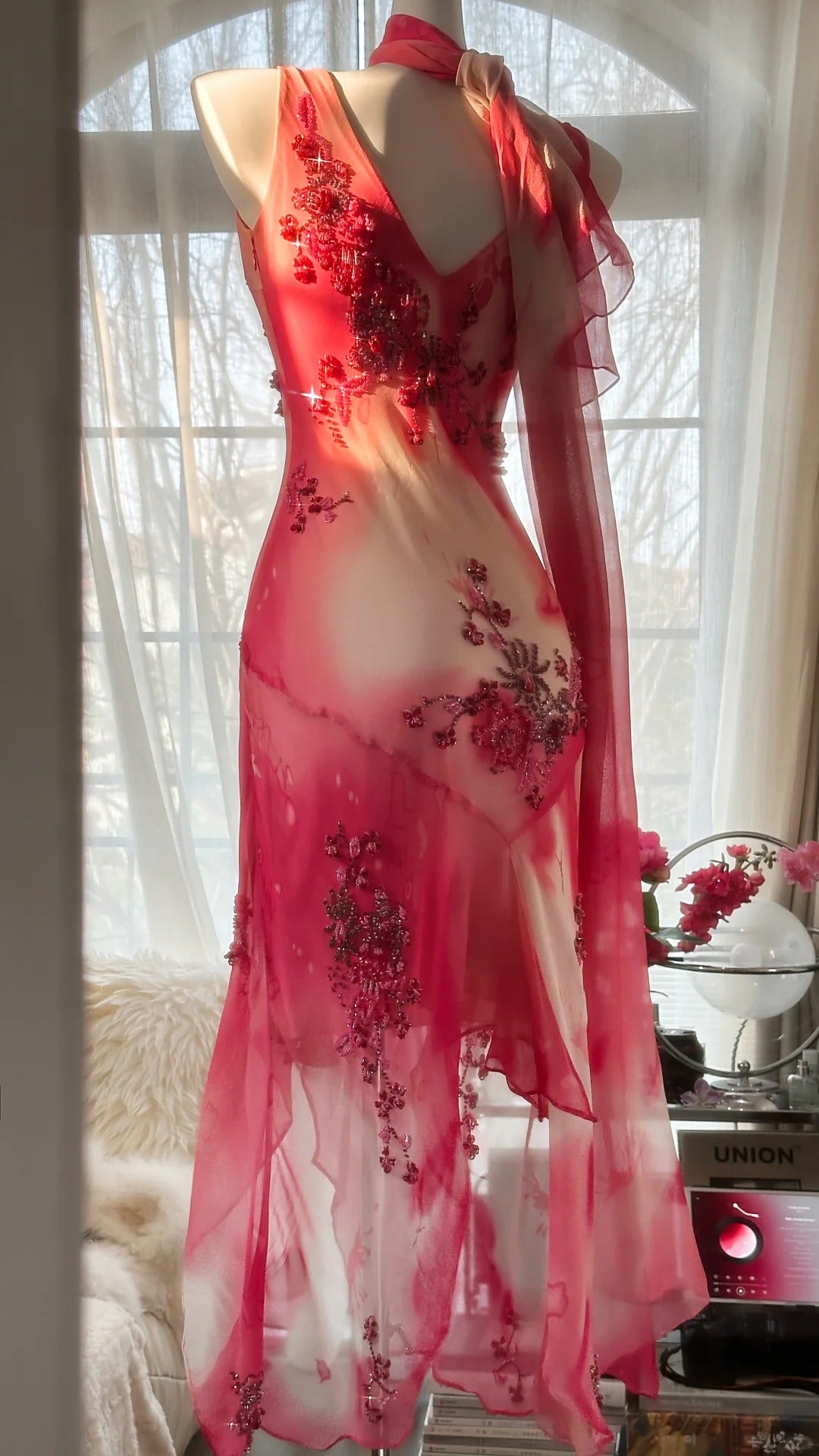 Pink Gorgeous Elegant Romantic Exquisite Beaded Blooming Long Chiffon Ball Gown Evening Dress Birthday/Wedding Guest Party Dress gh4018