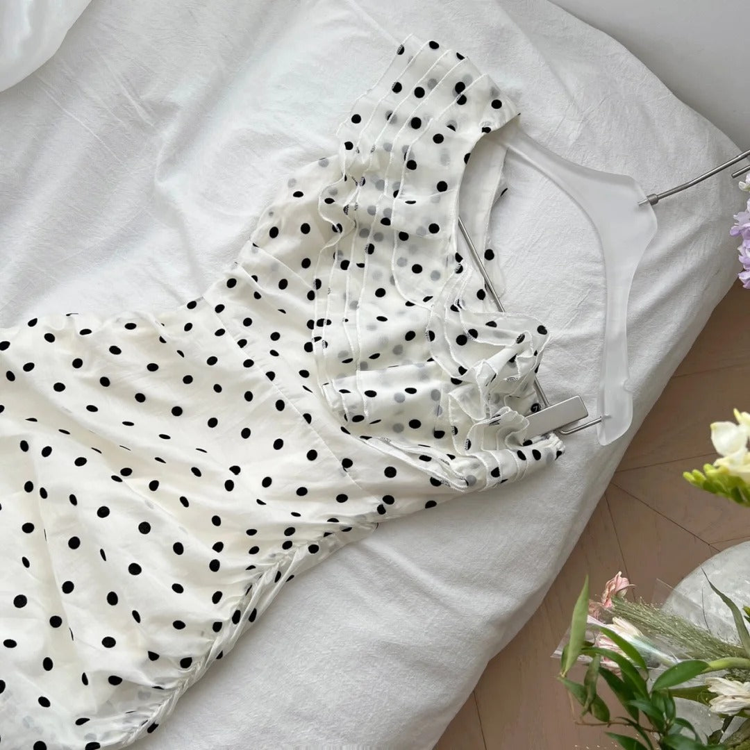 Black and white polka dot ruffled hip short homecoming dress gh4561