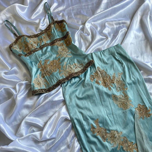 Girlhomeshops-✨🧊Robe de bal vintage, robe de soirée, robe de soirée, ensemble jupe corset féerique en satin bleu clair perlé des années 90, robe personnalisée gh5145