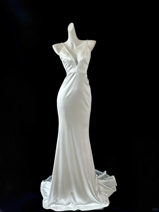 Robe de soirée longue en satin blanc style sirène, élégante, gh4474