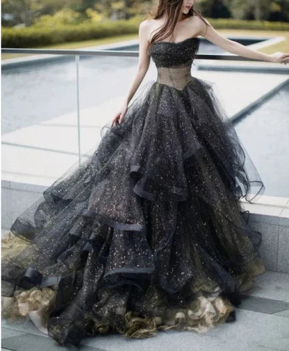 Black gold shiny elegant long tulle ball gown evening gown graduation dress beauty pageant dress gh2609