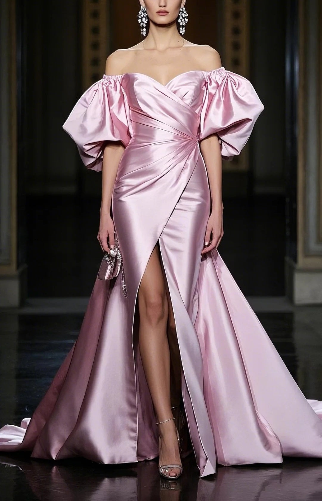 Pink satin long ball gown evening dress gh4788