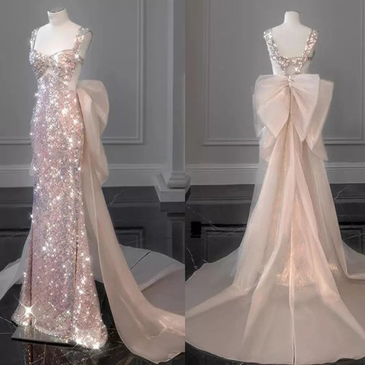 Robe de bal sirène rose magnifique et étincelante avec nœud amovible, longue robe de bal élégante à paillettes, robe de soirée gh3544