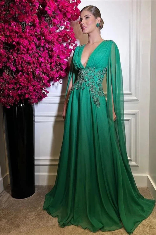 girlhomeshops-Green Long-Sleeved Evening Gown With A Shimmering Chiffon Deep V-Neck gh6263