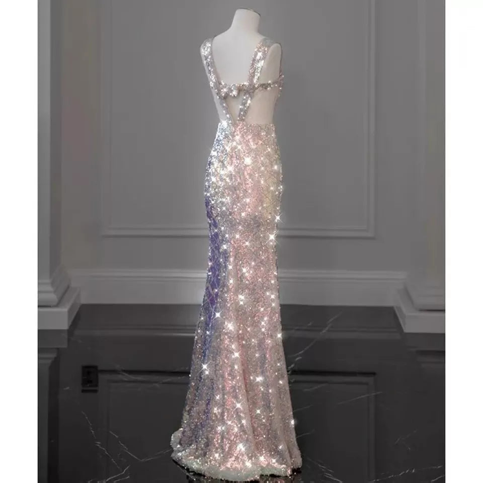 Robe de bal sirène rose magnifique et étincelante avec nœud amovible, longue robe de bal élégante à paillettes, robe de soirée gh3544