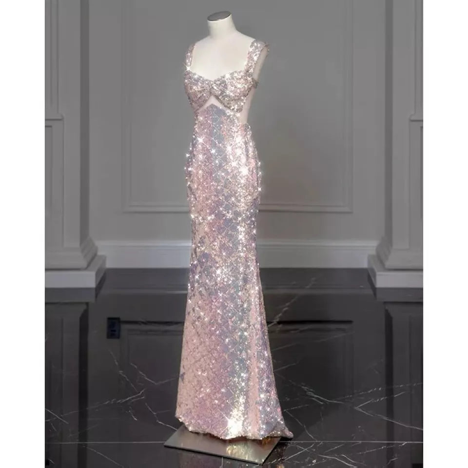 Robe de bal sirène rose magnifique et étincelante avec nœud amovible, longue robe de bal élégante à paillettes, robe de soirée gh3544