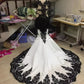 Black gorgeous exquisite lace V-neck backless long floor-length trailing satin sexy elegant ball gown evening dress wedding dress gh3456