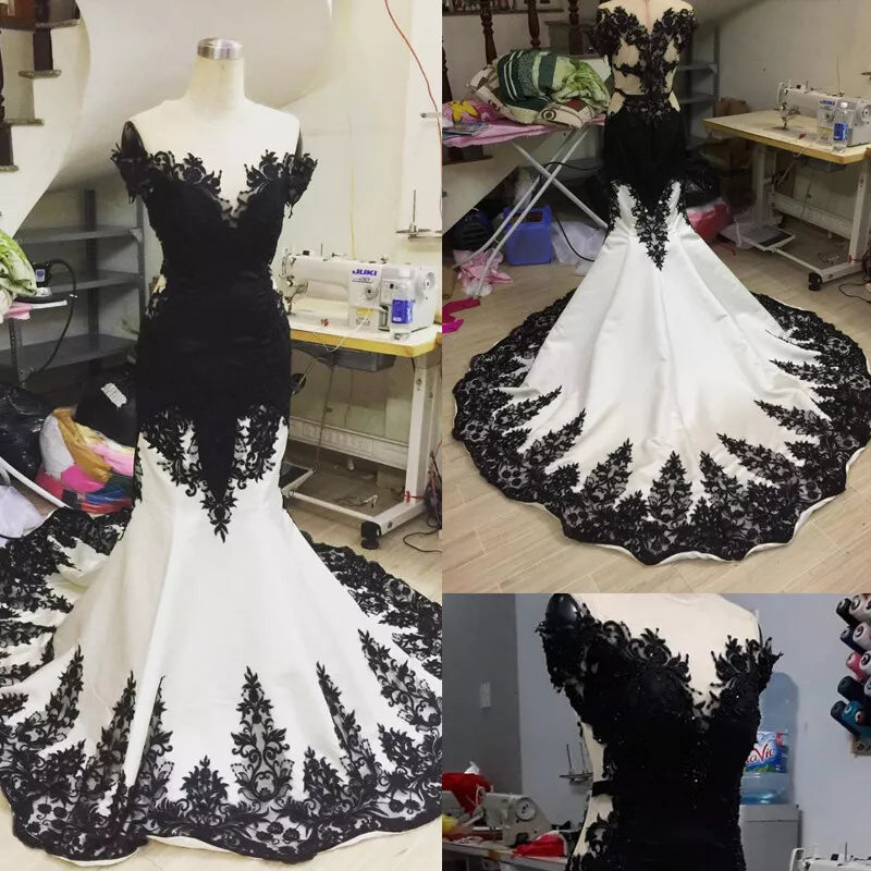 Black gorgeous exquisite lace V-neck backless long floor-length trailing satin sexy elegant ball gown evening dress wedding dress gh3456
