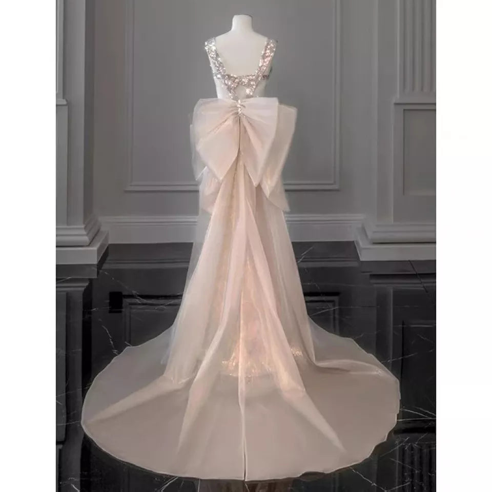 Robe de bal sirène rose magnifique et étincelante avec nœud amovible, longue robe de bal élégante à paillettes, robe de soirée gh3544