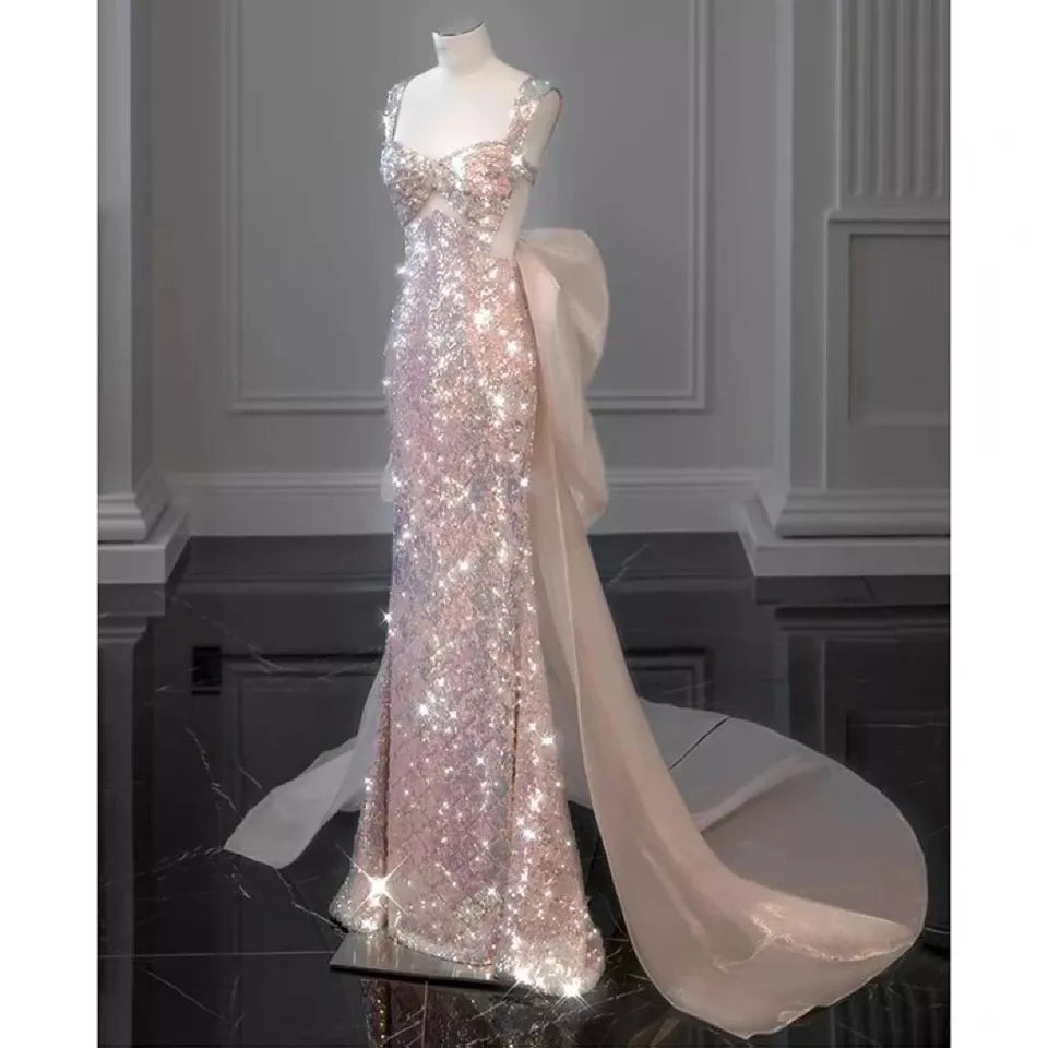 Robe de bal sirène rose magnifique et étincelante avec nœud amovible, longue robe de bal élégante à paillettes, robe de soirée gh3544