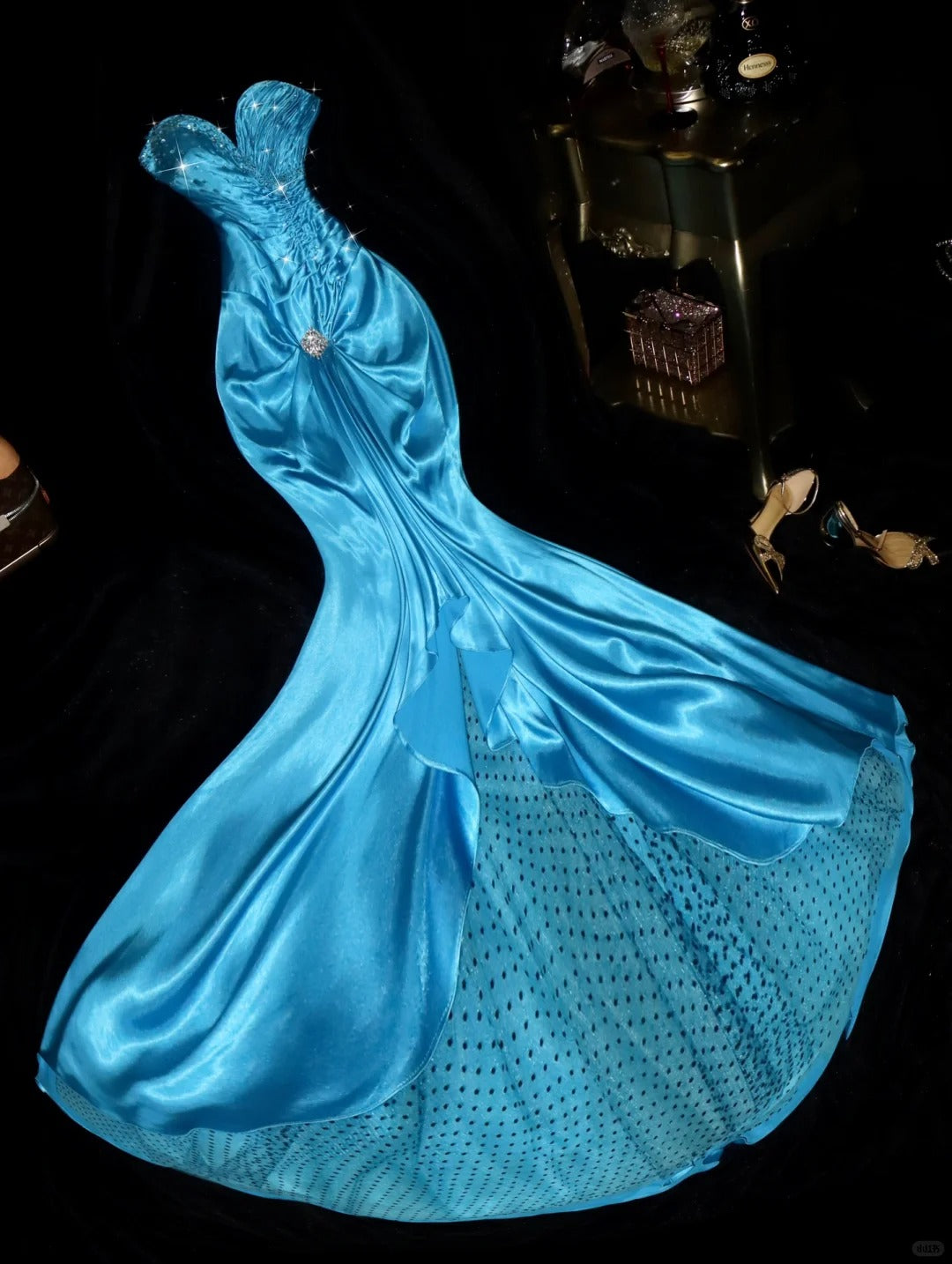 Blue gorgeous rhinestone long satin ball gown evening dress party dress birthday dress gh4457