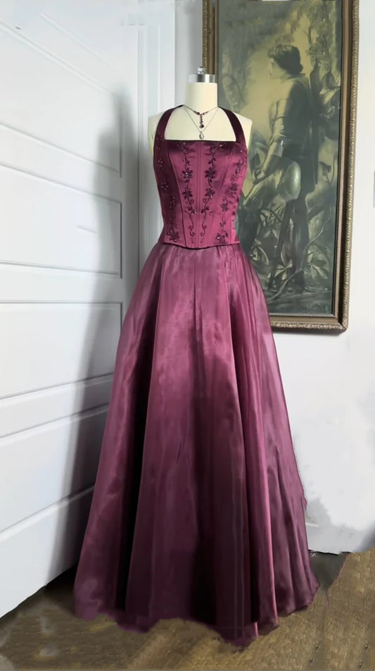 Burgundy red vintage elegant shiny beaded long tulle Prom Gown evening dress party dress gh3457