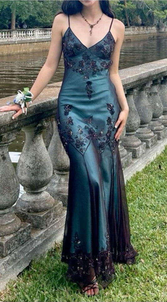 Girlhomeshops - Türkis, wunderschönes Vintage-Kleid, exquisite Perlen, Spaghettiträger, langes Chiffon-Ballkleid, Abendkleid, Partykleid, gh5403