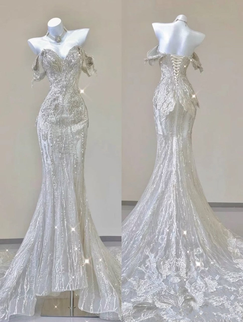 Robe de mariée sirène blanche à manches courtes et épaules dénudées, magnifique et unique, avec perles et paillettes, gh4303