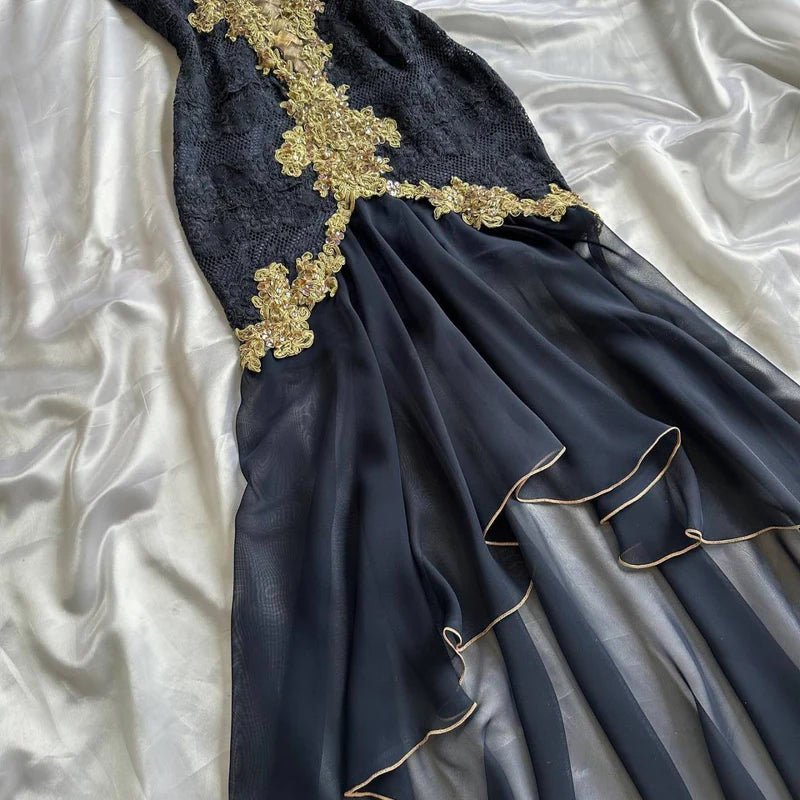 girlhomeshops-- Black exquisite gold lace elegant long chiffon ball gown ruffled evening dress gh5723