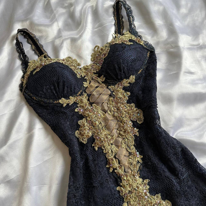 girlhomeshops-- Black exquisite gold lace elegant long chiffon ball gown ruffled evening dress gh5723