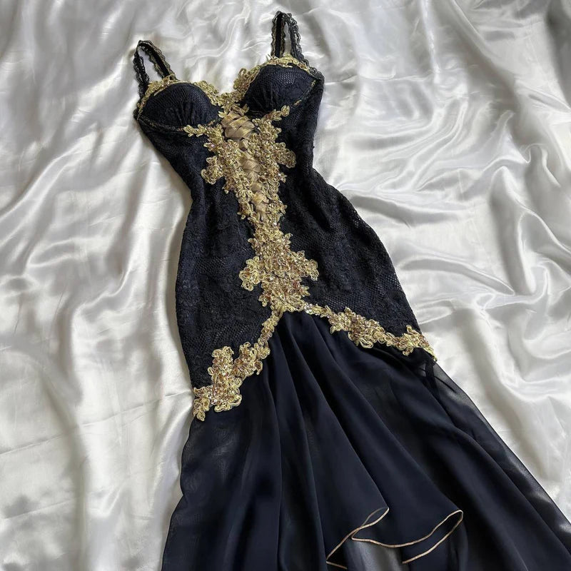girlhomeshops-- Black exquisite gold lace elegant long chiffon ball gown ruffled evening dress gh5723