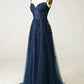 A Line Spaghetti Straps Navy Prom Dress with Appliques gh2104