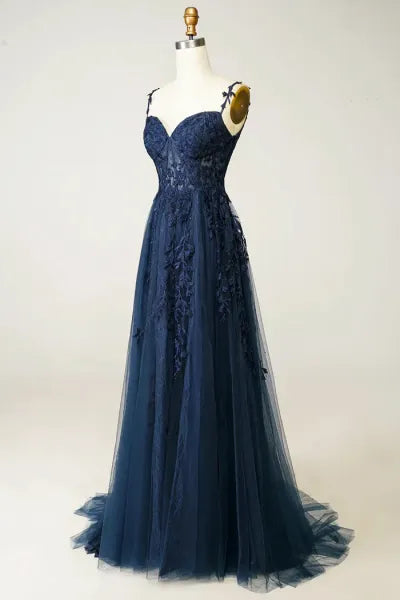 A Line Spaghetti Straps Navy Prom Dress with Appliques gh2104
