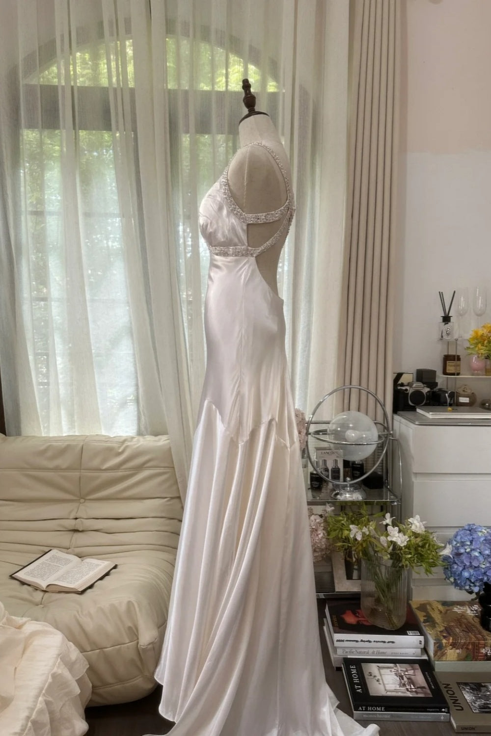 girlhomeshops-Formal Dress White Satin Spaghetti-Strap Beaded Open-Back Train Elegant-Style Wedding Dress gh6376