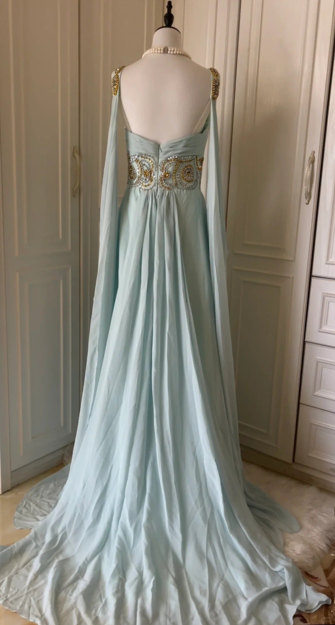 Light Blue Fashionable Elegant Greek Goddess Gown Long Chiffon Floor Length Trailing Ball Gown Evening Gown Party Dress gh4266