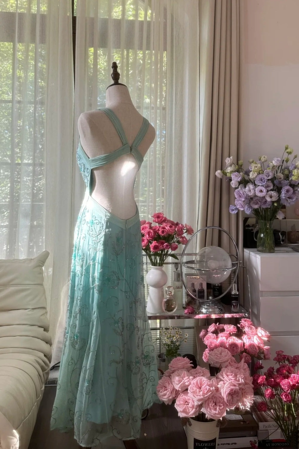 girlhomeshops-Formal Dress Mint Green Tulle Spaghetti-Strap Beaded Open-Back Floor-Length Elegant-Style Gown gh6379