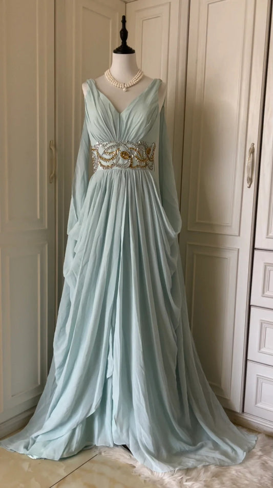Light Blue Fashionable Elegant Greek Goddess Gown Long Chiffon Floor Length Trailing Ball Gown Evening Gown Party Dress gh4266