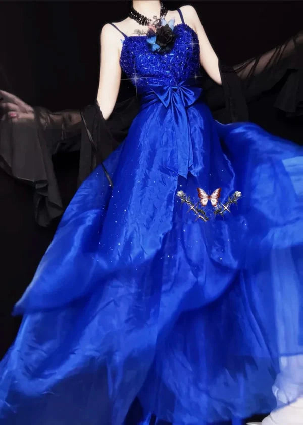 Robe de soirée longue en tulle bleu magnifique et exquise, robe de bal, robe de soirée gh4501