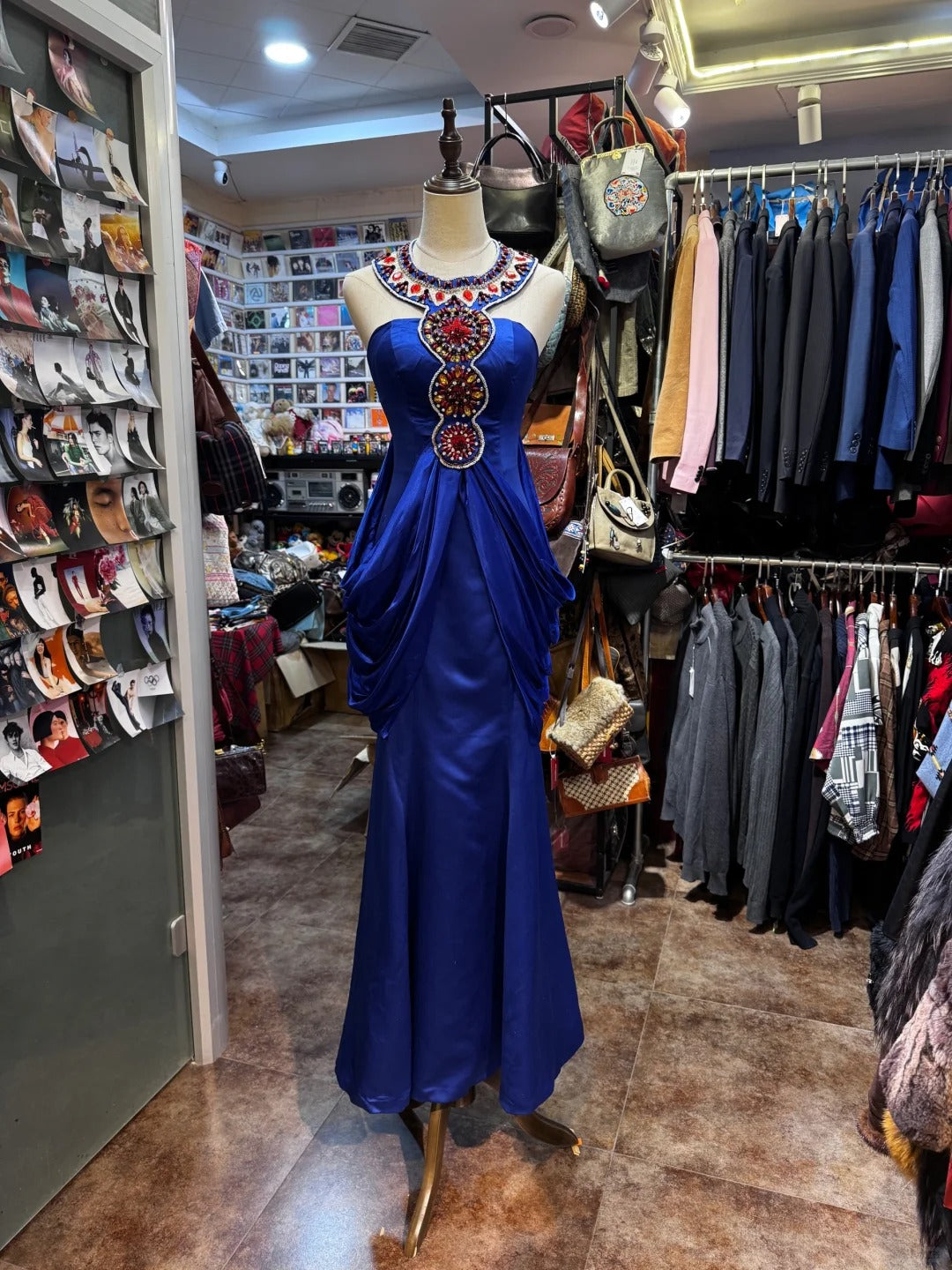 Robe de bal longue en satin bleu avec pierres précieuses, robe de banquet, robe de soirée gh4651