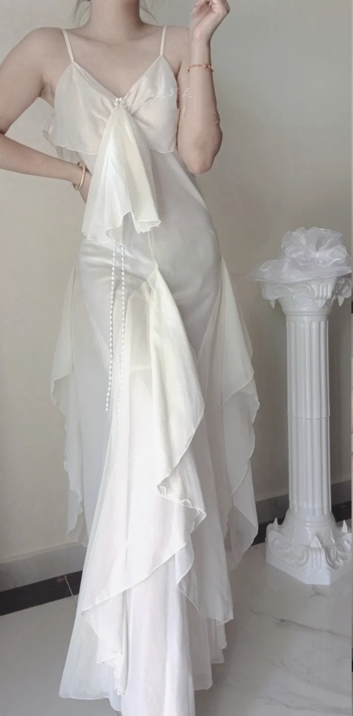 Robe de soirée longue fluide en mousseline de soie, blanc ivoire, gh4708