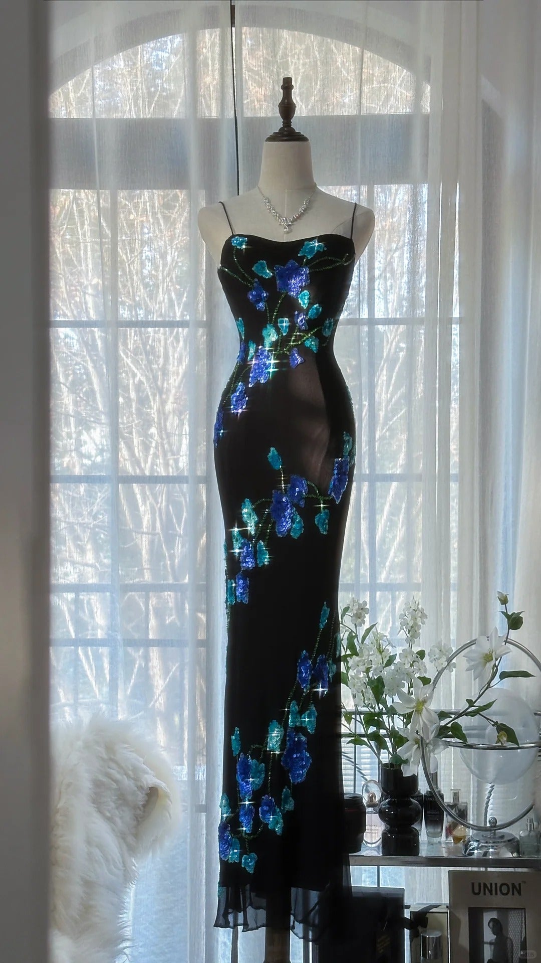 Black Romantic Elegant Delicate Blue Floral Beaded Long Chiffon Ball Gown Evening Gown Birthday Vacation Wedding Guest Party Dress Prom Gown gh4010