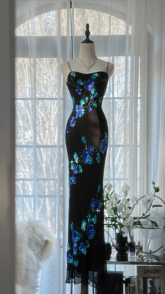 Black Romantic Elegant Delicate Blue Floral Beaded Long Chiffon Ball Gown Evening Gown Birthday Vacation Wedding Guest Party Dress Prom Gown gh4010