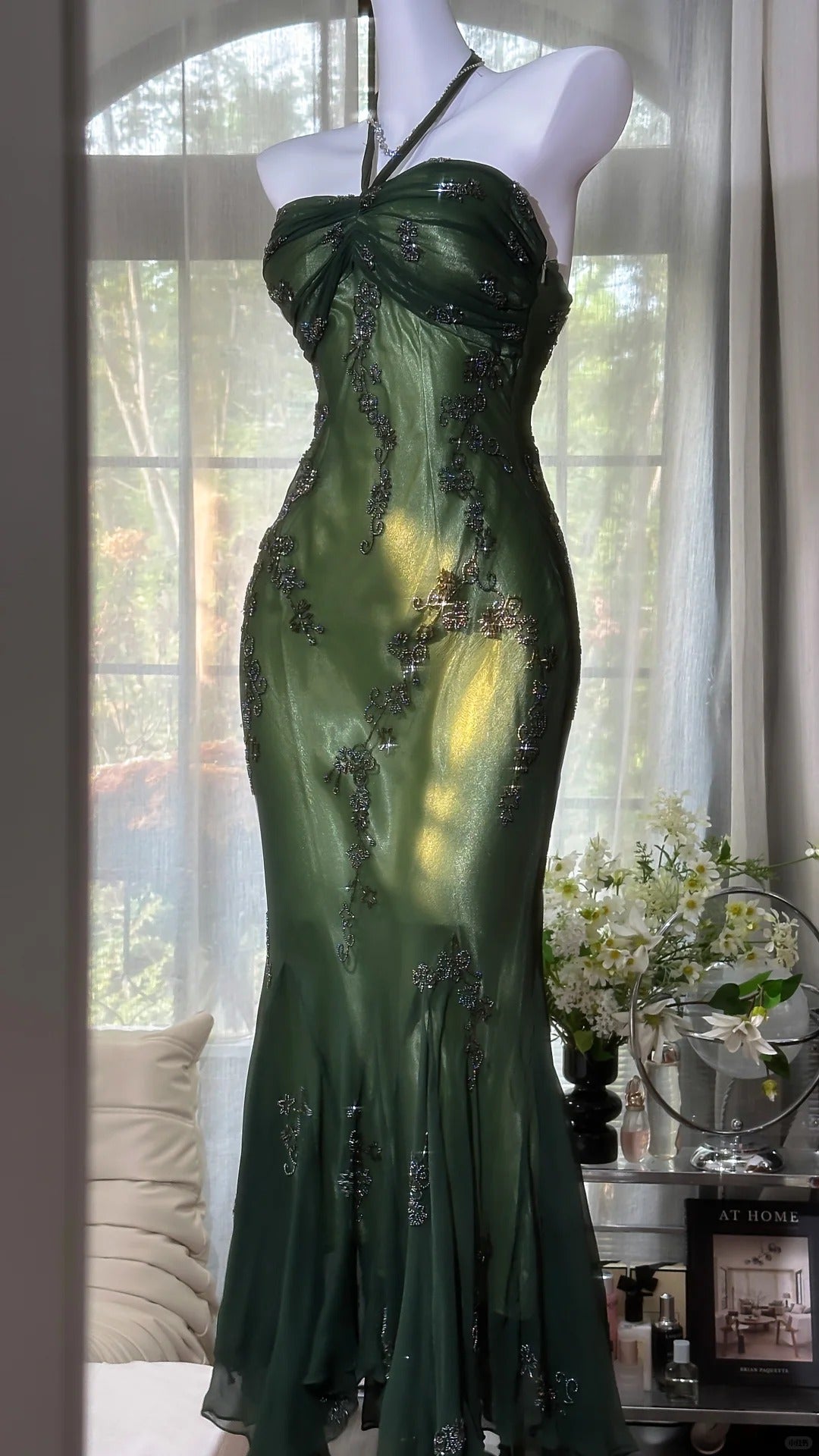 girlhomeshops-Dark green long exquisite beaded vintage long suspender chiffon prom dress gh5801