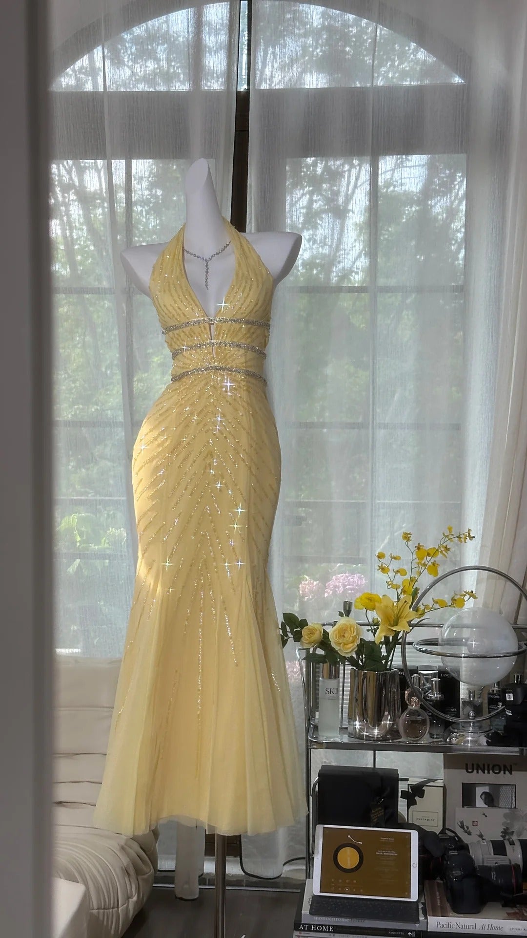 Yellow shiny beaded long chiffon ball gown evening dress party dress gh4745