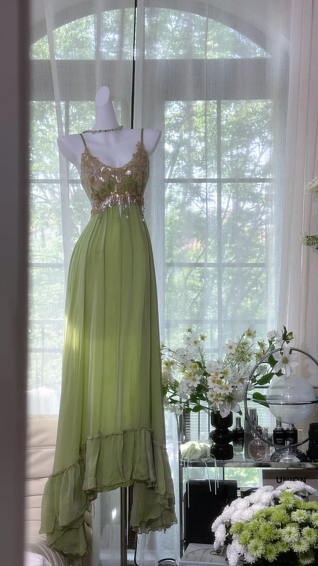Green shiny sequins romantic elegant long chiffon ball gown evening dress party dress date dress gh4614