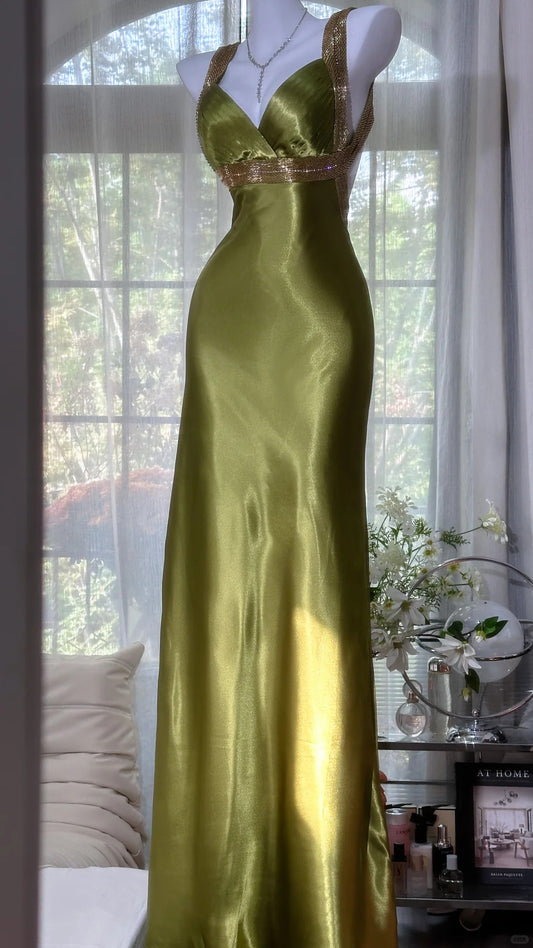 girlhomeshops-Green long exquisite vintage long satin prom dress gh5802