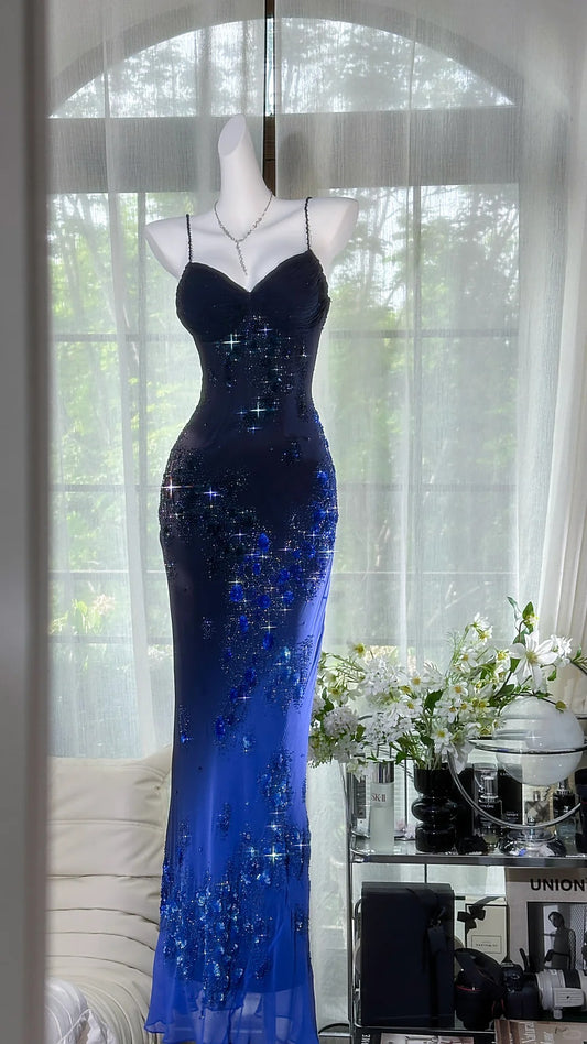 Girlhomeshops-Dark Blue Floral Beaded Elegant Spaghetti Strap Long Chiffon Prom Dress Evening Dress Party Dress Date Dress gh5083