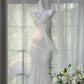 girlhomeshops-White Halter Neck Open - Back Sequined Mermaid Long Evening Dress gh5817