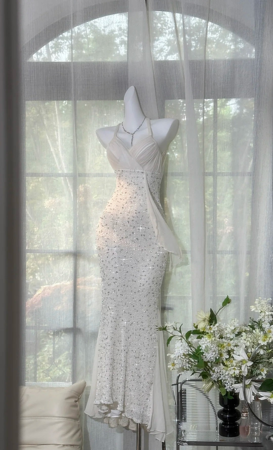 girlhomeshops-White Halter Neck Open - Back Sequined Mermaid Long Evening Dress gh5817