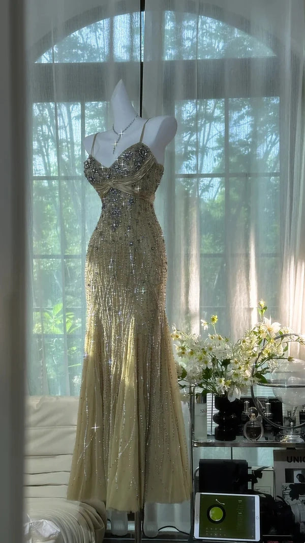 Gold Grass Green Vintage Beading Long Elegant Chiffon Homecoming Dress Ball Dress Evening Dress Birthday Party Dress Date Dress Prom Dress gh4681