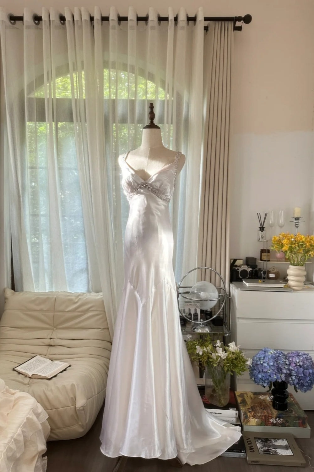 girlhomeshops-Formal Dress White Satin Spaghetti-Strap Beaded Open-Back Train Elegant-Style Wedding Dress gh6376