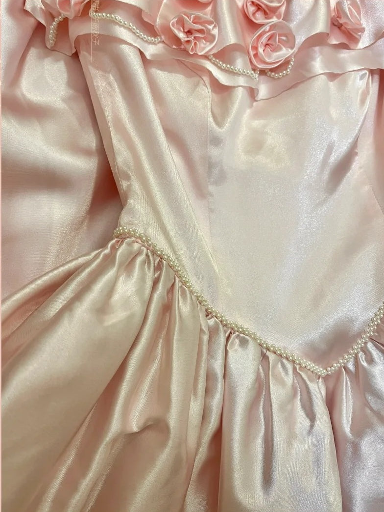 Pink Vintage Elegant Floral Beading Fashion Long Satin Ball Gown Evening Dress Graduation Dress Birthday Dress Quinceañera Dress gh4259