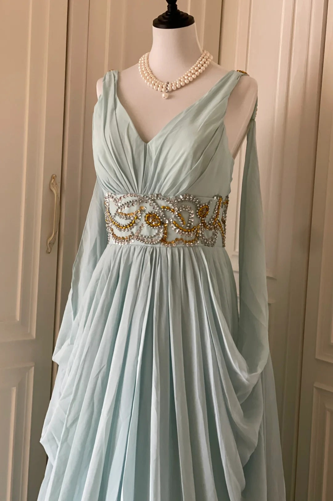 Light Blue Fashionable Elegant Greek Goddess Gown Long Chiffon Floor Length Trailing Ball Gown Evening Gown Party Dress gh4266