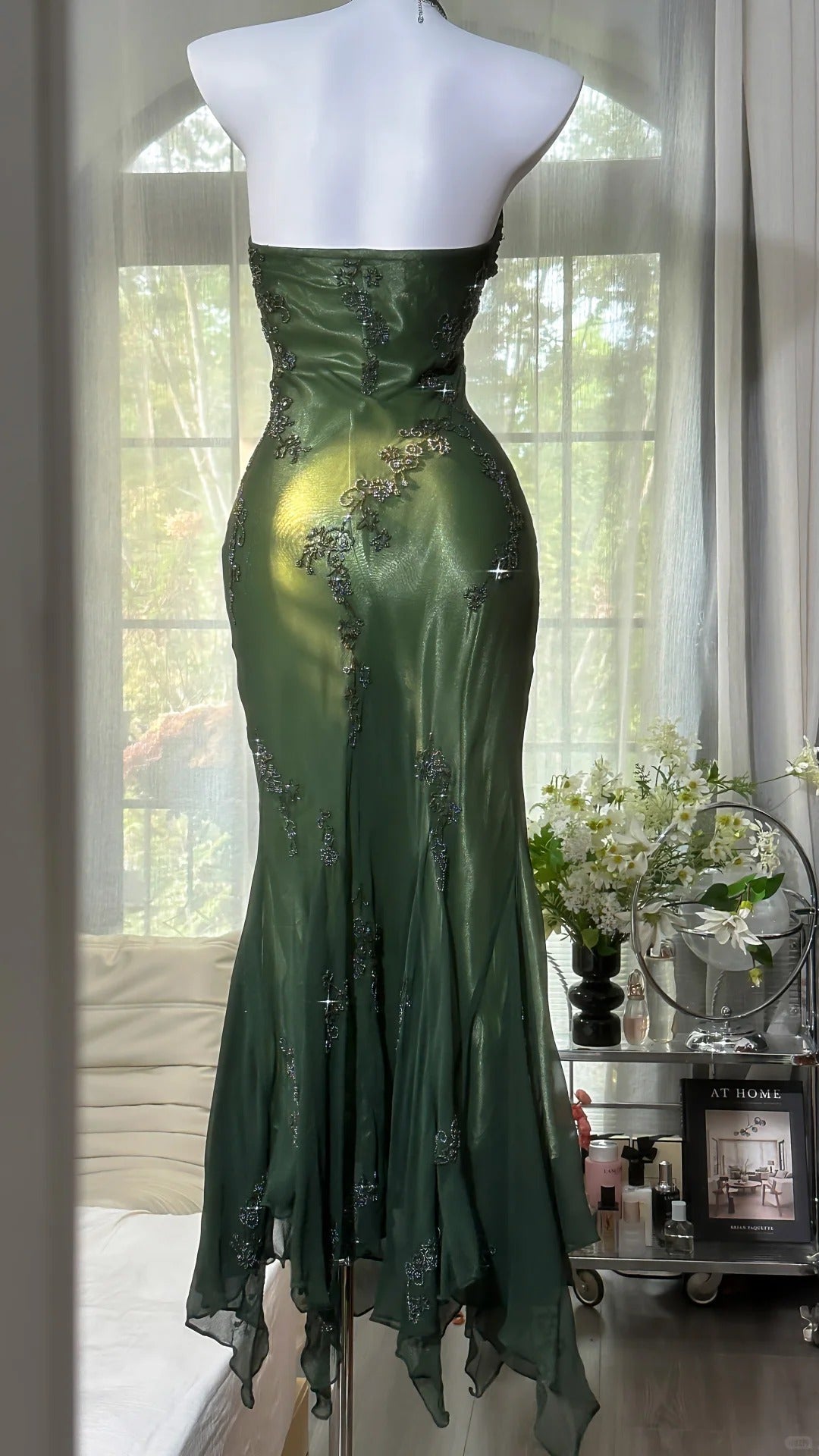 girlhomeshops-Dark green long exquisite beaded vintage long suspender chiffon prom dress gh5801
