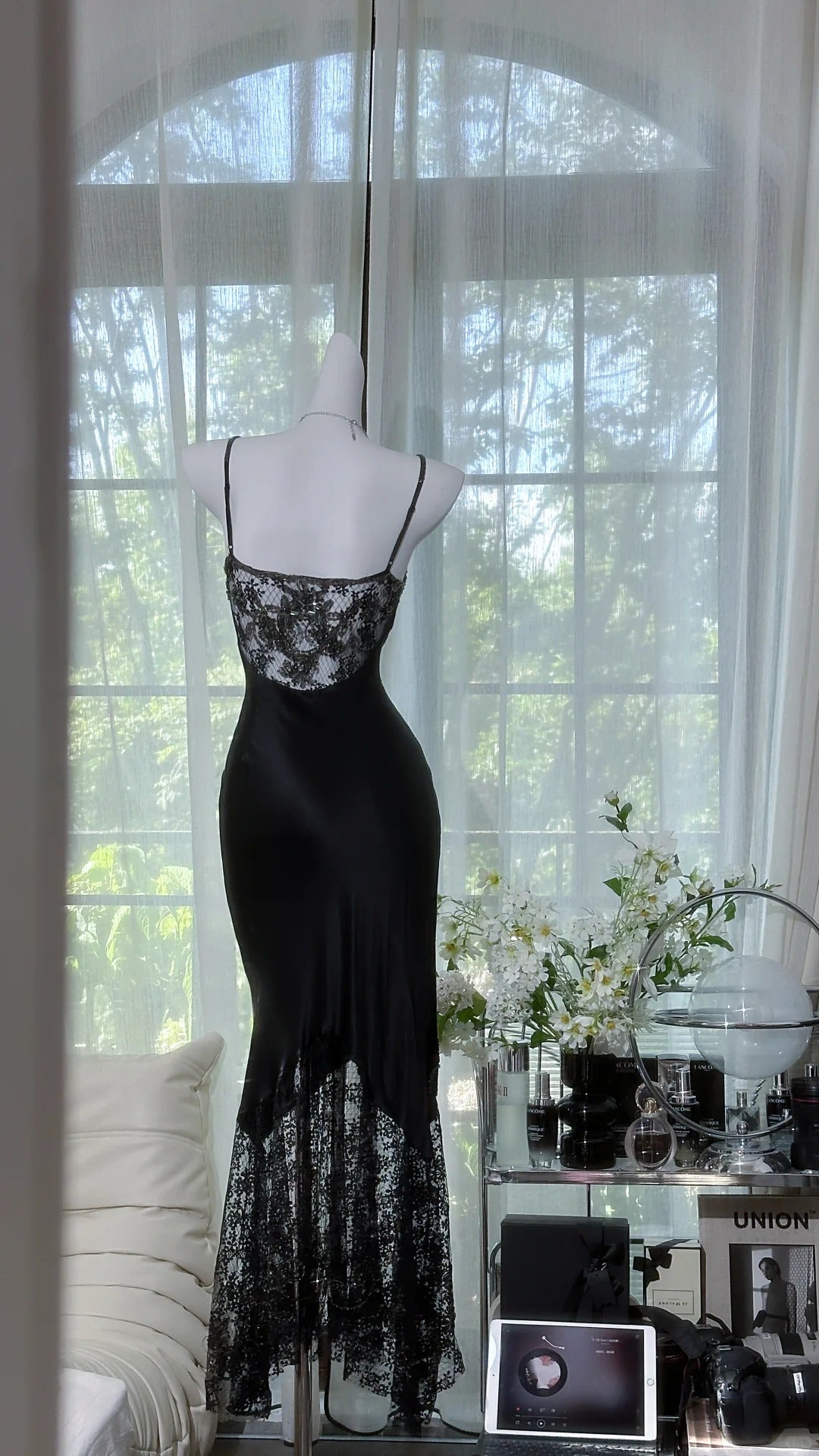 Black shiny vintage exquisite beaded satin lace long homecoming dress prom dress evening dress party dress gh4823