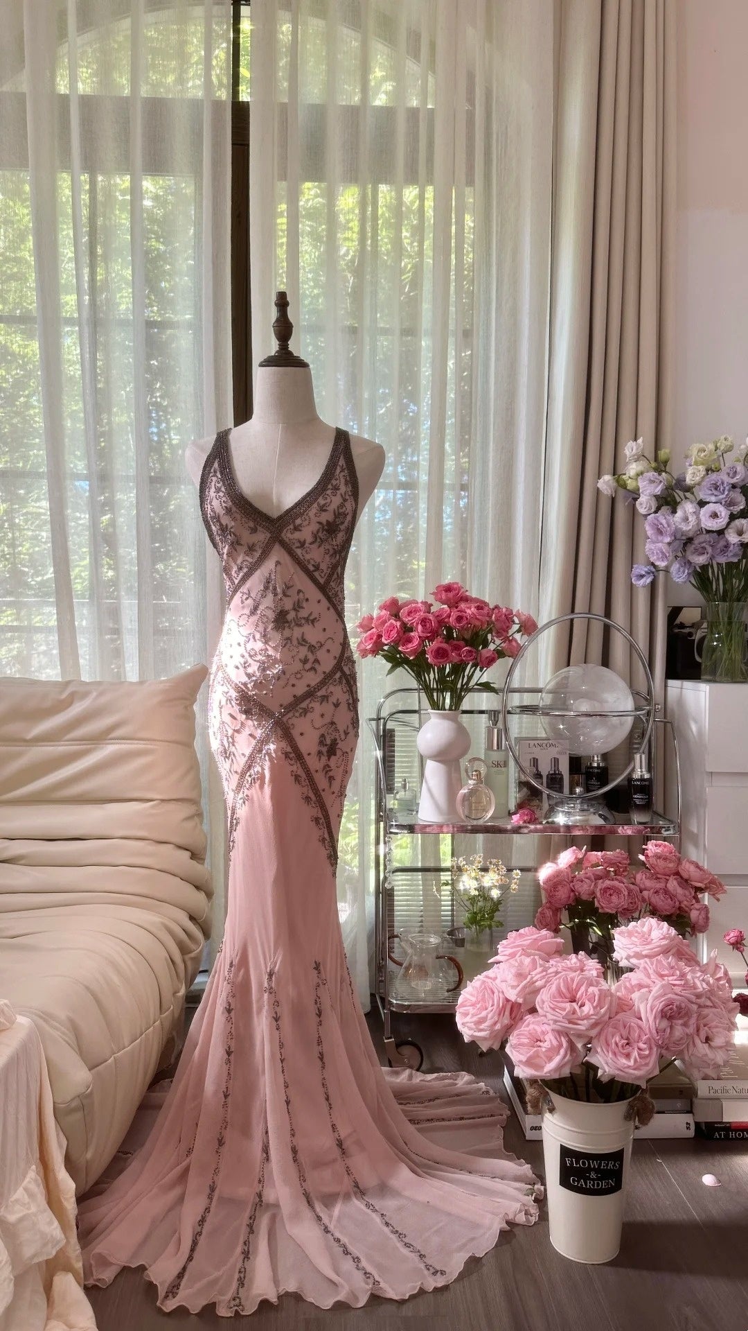 girlhomeshops-Formal Dress Pink Tulle Spaghetti-Strap Beaded Open-Back Mermaid Luxury-Style Gown gh6378