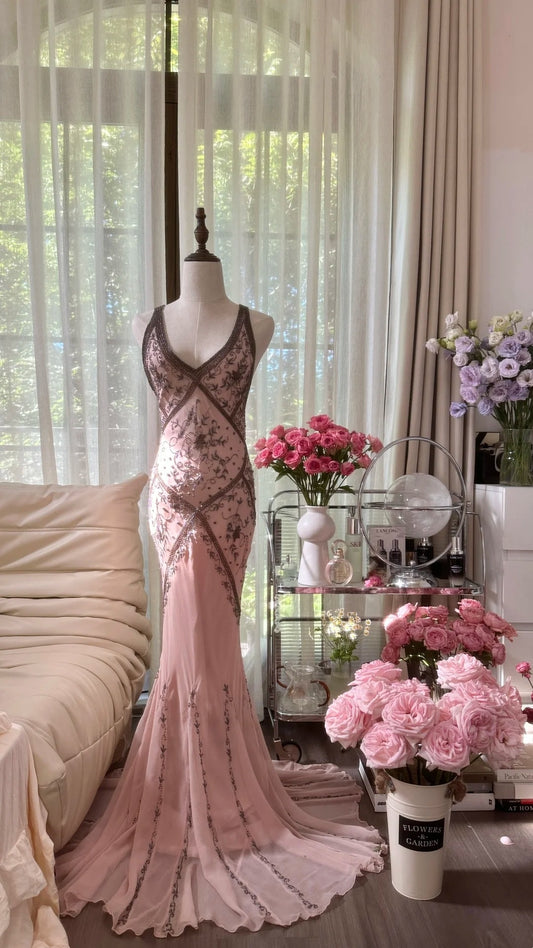 girlhomeshops-Formal Dress Pink Tulle Spaghetti-Strap Beaded Open-Back Mermaid Luxury-Style Gown gh6378